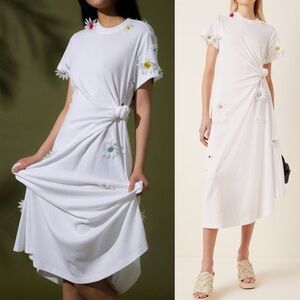 Rosie Assoulin Knotted Tee Dress Silk 3D Daisy Flower Floral Applique White XS